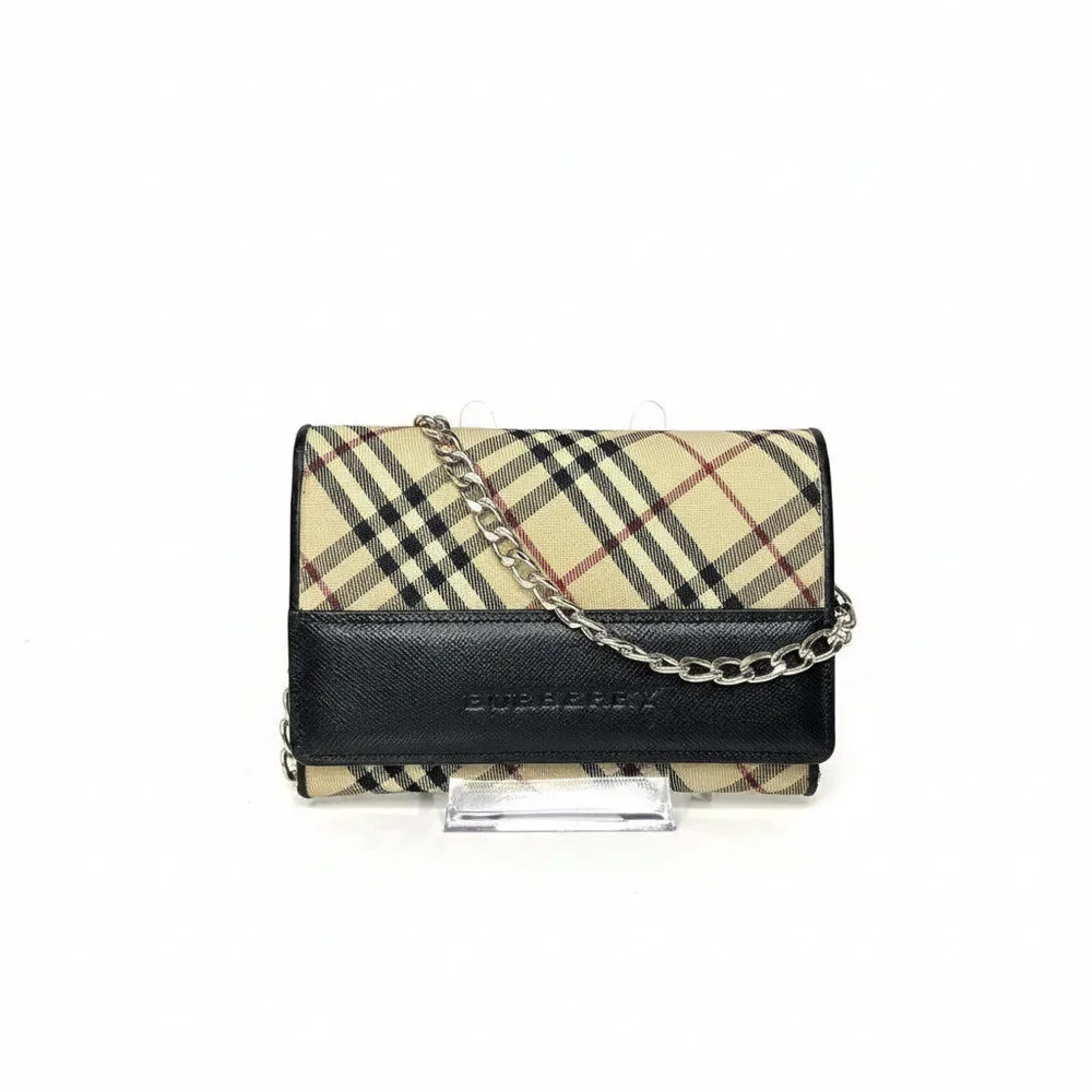 Burberry Vintage Nova Check Compact Trifold Wallet Black Leather